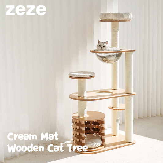 ZEZE Cream Mat Wooden Cat Tree